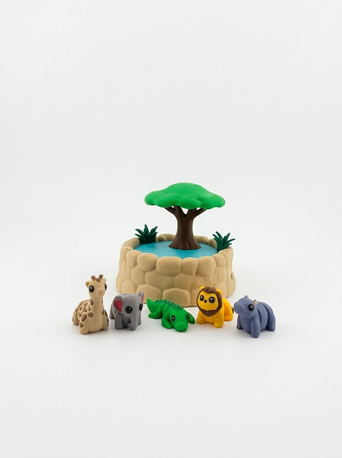 Safari Watering Hole playset with lion, elephant, giraffe, zebra and hippo 3D printed animal figures