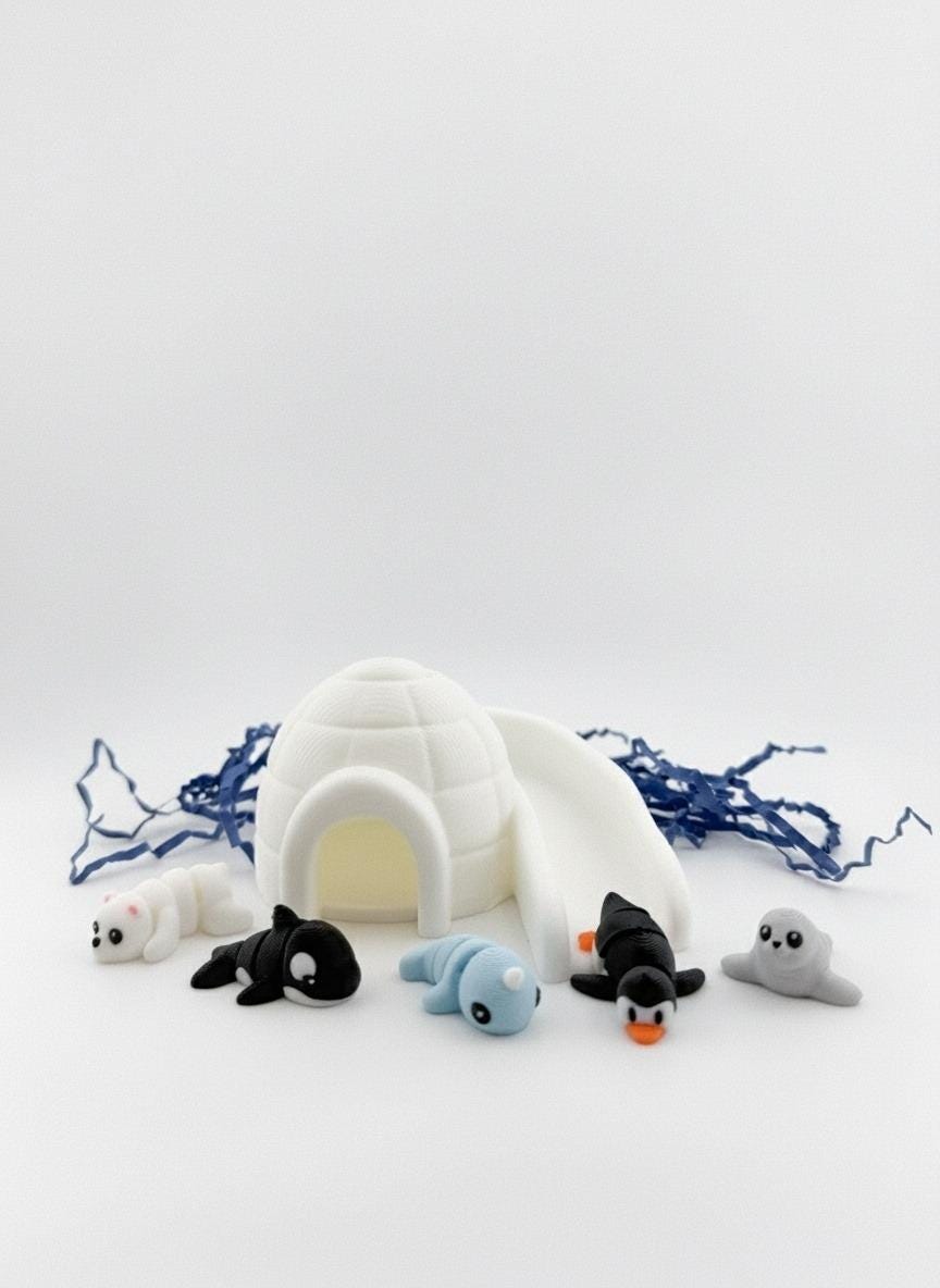 Igloo Arctic playset with polar bear, penguin, walrus, seal and husky 3D printed animal figures