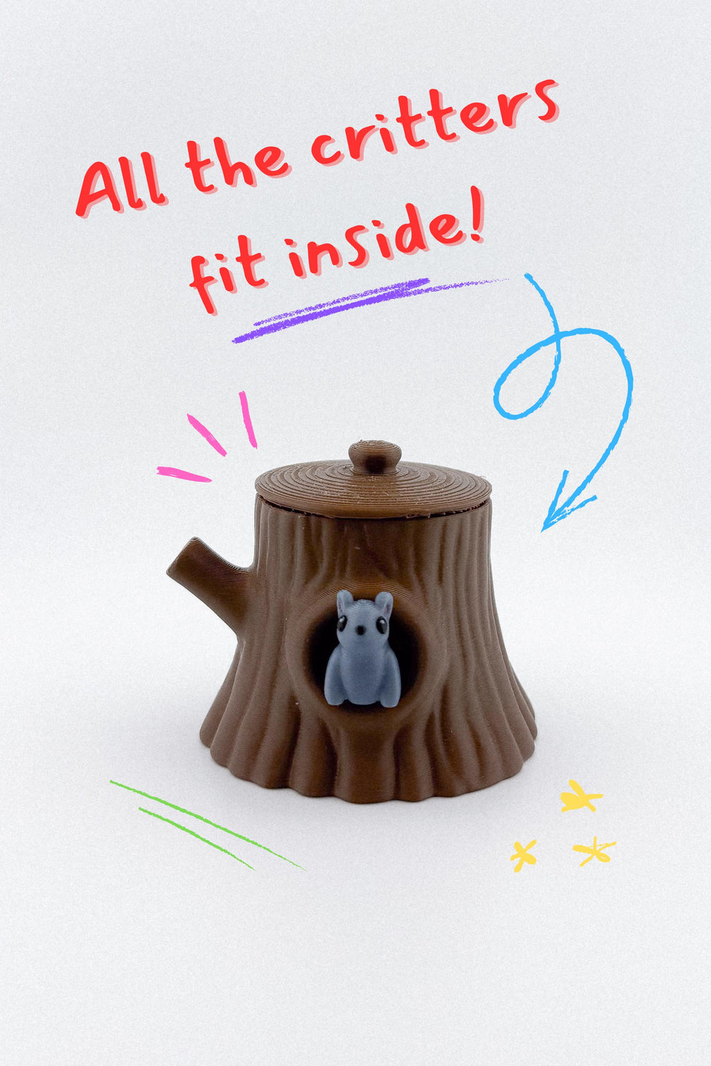 Durable Woodland Stump CritterPod container open and closed - kid-friendly travel toy design