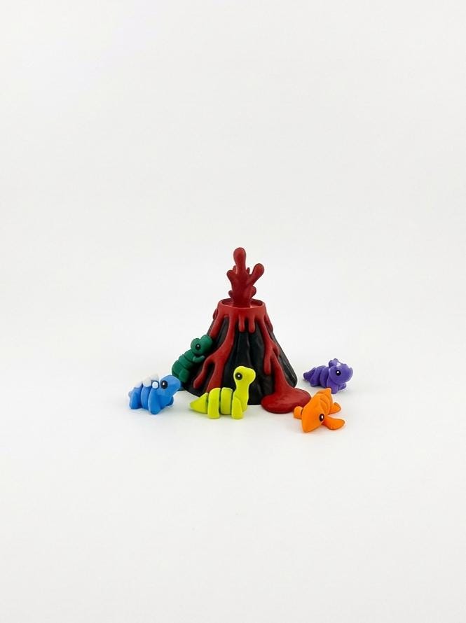 Volcano Dinosaur playset with T-rex, triceratops, pterodactyl and stegosaurus 3D printed figures
