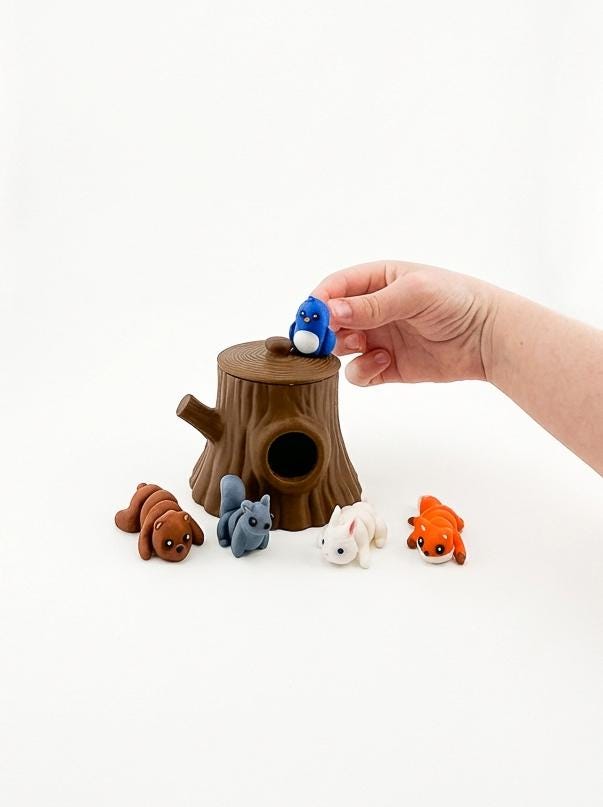 All Woodland Stump animal figures fitting inside the stump container for easy cleanup and travel